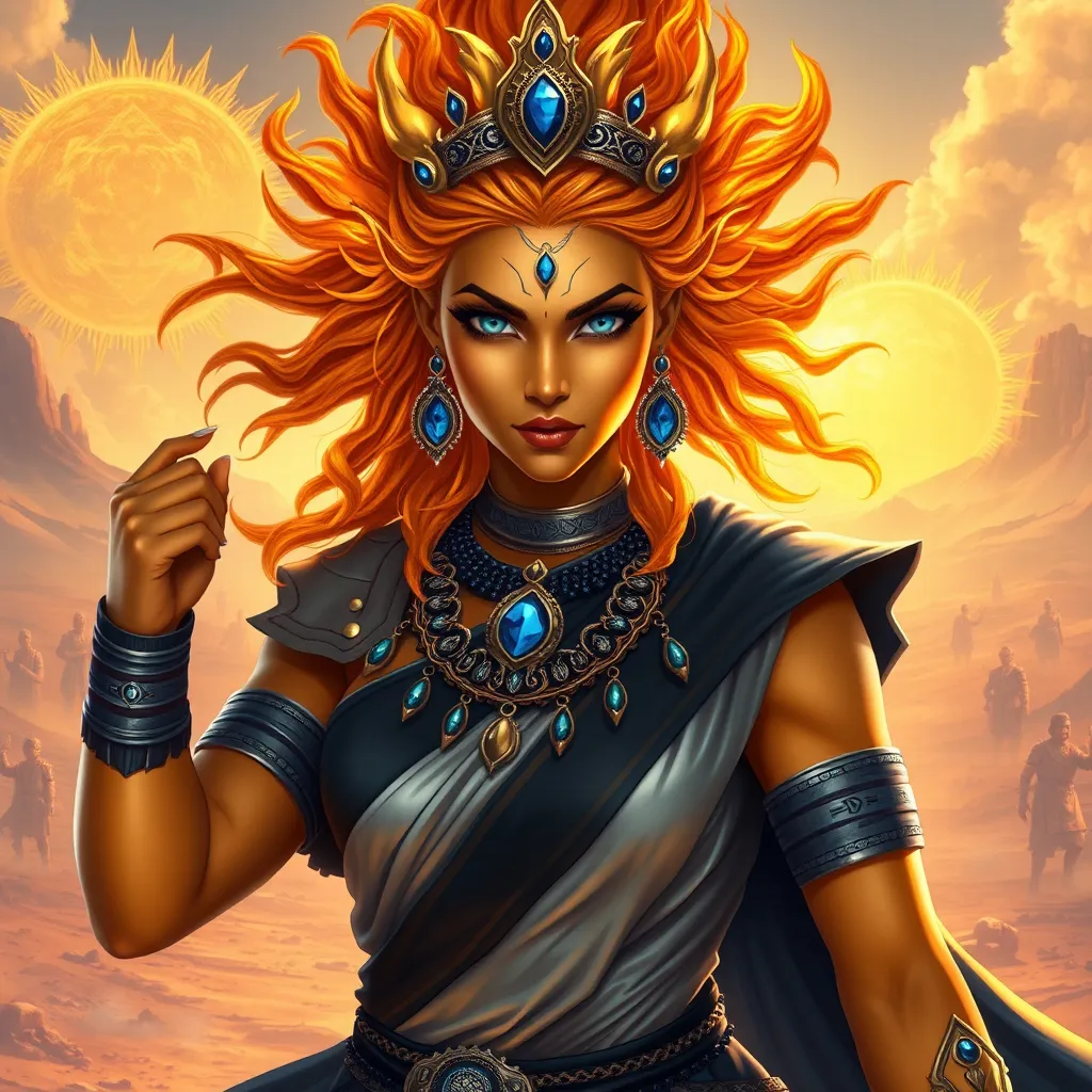 Prompt: Generate an realistic image of a fierce and powerful female royal character with golden skin, inspired by the Hindu goddess themes. Deva. She has wild glowing flaming sunset colored  hair,  and piercing sapphire blue eyes that radiate strength and wisdom. She is dressed in silver, black, and blue robes with a solar motif, ensure that her features also reflect modern beauty standards—symmetrical heart shaped face, full lips, narrow brows, long lashes, and narrow defined jaw. She wears a blend of traditional attire like a sari, but with a modern twist that makes her appearance contemporary yet still mystical. Her pose is dynamic, showing strength and grace, with a backdrop of a cosmic battlefield, symbolizing her warrior nature, but incorporating desert elements like raging suns that add a touch of beauty and divinity.