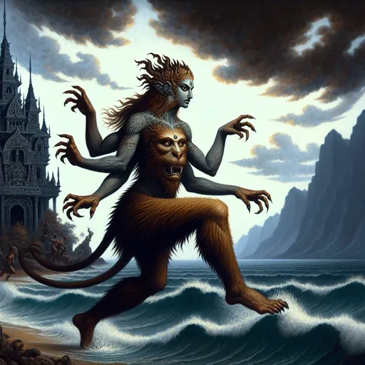 Prompt: primal goddess of the sea, muscular, perfect female figure with beast like features. Perfect face. Powerful legs. Long legs. Clawed hands. Background: Gothic sea side castle. In the style Frank Frazetta.
