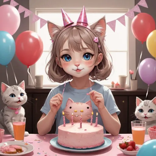 Prompt: A cute cat girl having a party