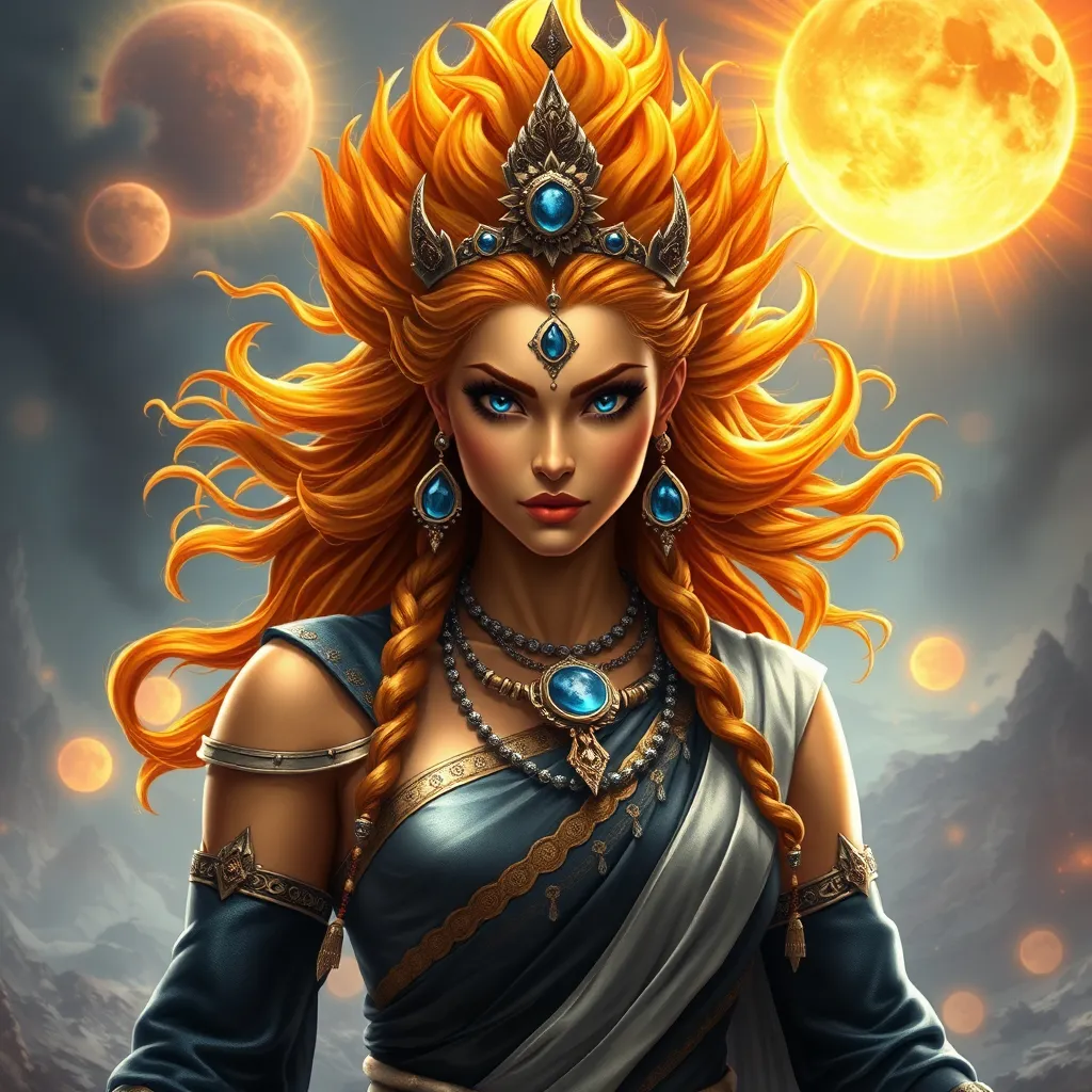 Prompt: Generate an realistic image of a fierce and powerful female royal character with golden skin, inspired by the Hindu goddess themes. Deva. She has wild glowing flaming sunset colored  hair,  and piercing sapphire blue eyes that radiate strength and wisdom. She is dressed in silver, black, and blue robes with a moon motif, ensure that her features also reflect modern beauty standards—symmetrical heart shaped face, full lips, narrow brows, long lashes, and narrow defined jaw. She wears a blend of traditional attire like a sari, but with a modern twist that makes her appearance contemporary yet still mystical. Her pose is dynamic, showing strength and grace, with a backdrop of a cosmic battlefield, symbolizing her warrior nature, but incorporating soft elements like raging suns that add a touch of beauty and divinity.