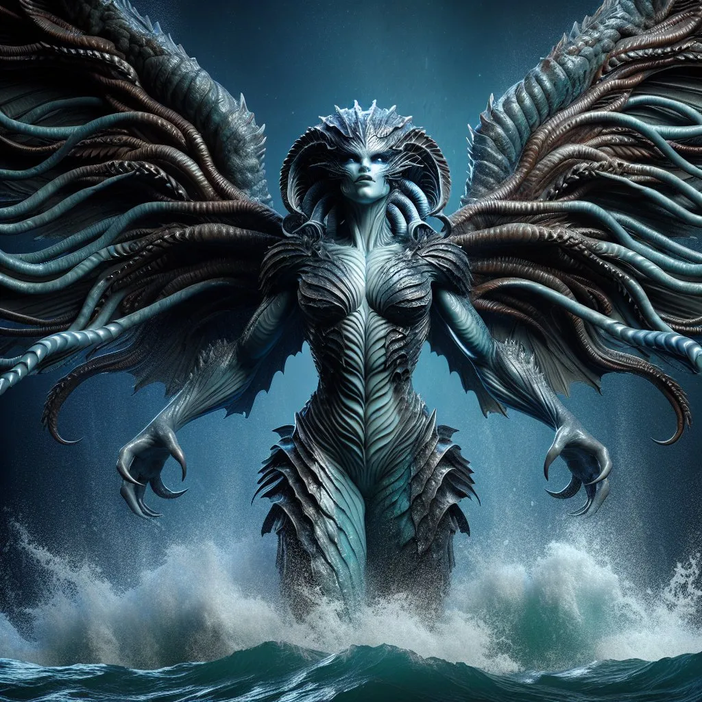 Prompt: Female monster, sea goddess from the sea with a muscular body with tentacles for wings.