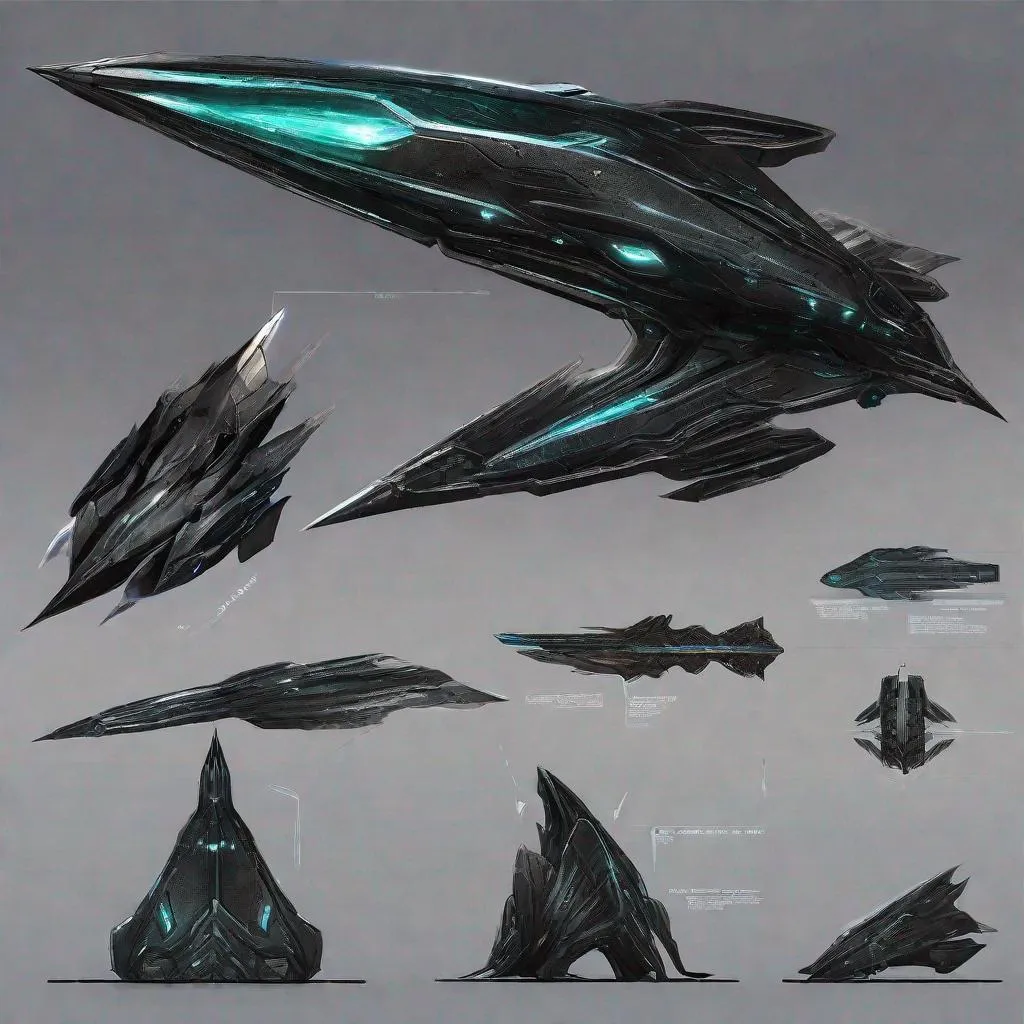 Prompt: organic arrow head shaped living bio-space ship, serrated edges, hunter killer ship, black iridescent ablative armor, back drop within a space battle