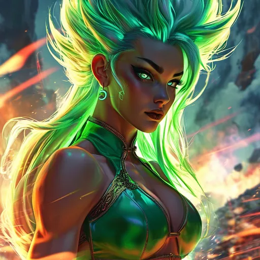 Prompt: Confident female super-Saiyan god with a sleek glowing-green long-layered haircut, and  striking brown eyes.  Flying in the air over a raging battle field. Powerful electric aura. hourglass figure. Perfect face. She has powerful athletic build. Her posture is strong and composed, exuding a sense of strength and self-assuredness.  She wears a blend of traditional attire like a sari, but with a modern twist that makes her appearance contemporary yet still mystical.