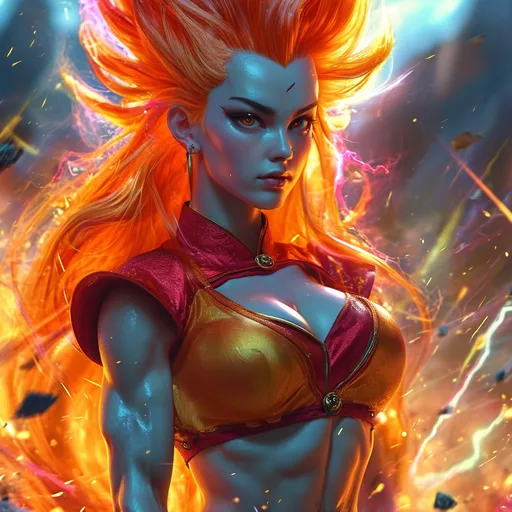 Prompt: Confident female super-Saiyan god with a sleek glowing-red long-layered haircut, and  striking brown eyes.  Flying in the air over a raging battle field. Powerful electric aura. hourglass figure. Perfect face. She has powerful athletic build. Her posture is strong and composed, exuding a sense of strength and self-assuredness.  She wears a blend of traditional attire like a sari, but with a modern twist that makes her appearance contemporary yet still mystical.