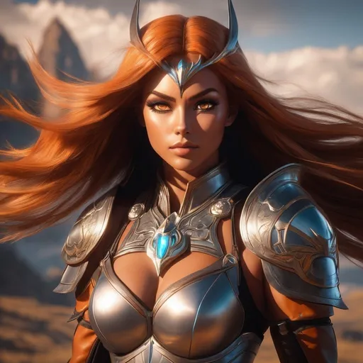 Prompt: female, {wide nasal bridge}, long bestial hair, {feral}, muscular, {orange skin}, {alien}, {large eyes}, noble warrior, perfect face, perfect body, (radiating energy),(wide angle), (epic) , (battle pose), (perfect eyes), (tan skin), {Nordic}, {purpole hair}