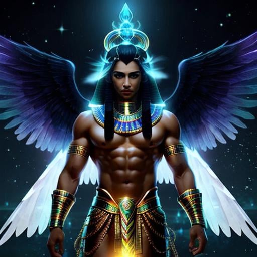 Prompt: Egyptian god of power, male, strong, powerful, glowing wings, glowing hair