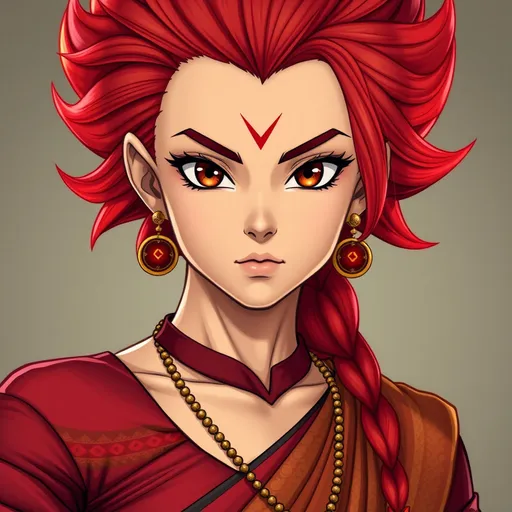 Prompt: Confident female super-Saiyan god with a sleek glowing-red long-layered haircut, and  striking brown eyes.  hourglass figure. Perfect face. She has powerful athletic build. Her posture is strong and composed, exuding a sense of strength and self-assuredness.  She wears a blend of traditional attire like a sari, but with a modern twist that makes her appearance contemporary yet still mystical.