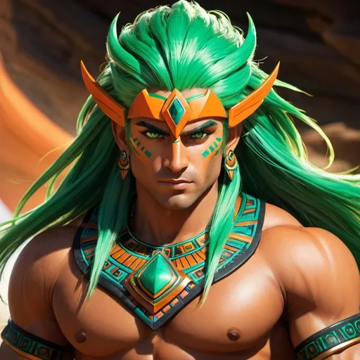 Prompt: male, {wide nasal bridge}, long bestial hair, {feral}, muscular, {orange skin}, {alien}, {large eyes}, noble warrior, perfect face, perfect body, (radiating energy),(wide angle), (epic) , (battle pose), (perfect eyes), (tan skin), {aztec}, {green hair}