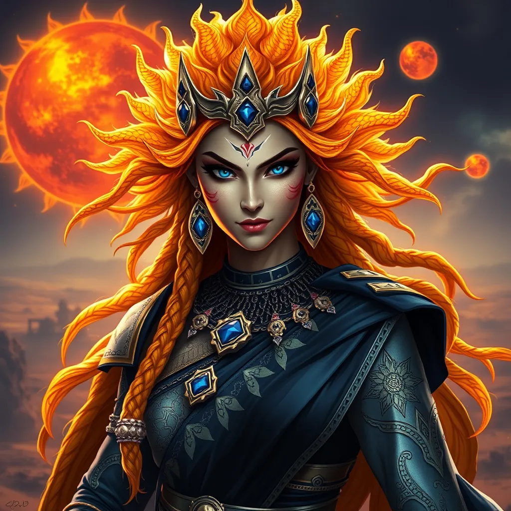 Prompt: Generate an realistic image of a fierce and powerful female imperial character with golden scales, inspired by the Hindu goddess themes. She has wild glowing flaming sunset colored  hair,  and piercing sapphire blue eyes that radiate strength and wisdom. She is dressed in silver, black, and blue robes with a solar motif, ensure that her features also reflect modern beauty standards—symmetrical heart shaped face, full lips, narrow brows, long lashes, and narrow defined jaw. She wears a blend of traditional attire like a sari, but with a modern twist that makes her appearance contemporary yet still mystical. Her pose is dynamic, showing strength and grace, with a backdrop of a cosmic battlefield, symbolizing her warrior nature, but incorporating desert elements like raging suns that add a touch of beauty and divinity.