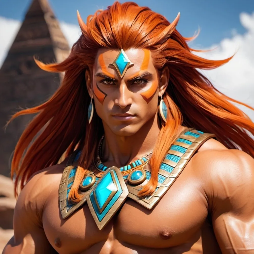 Prompt: male, {wide nasal bridge}, long bestial hair, {feral}, muscular, {orange skin}, {alien}, {large eyes}, noble warrior, perfect face, perfect body, (radiating energy),(wide angle), (epic) , (battle pose), (perfect eyes), (tan skin), {aztec}, {crimson hair}