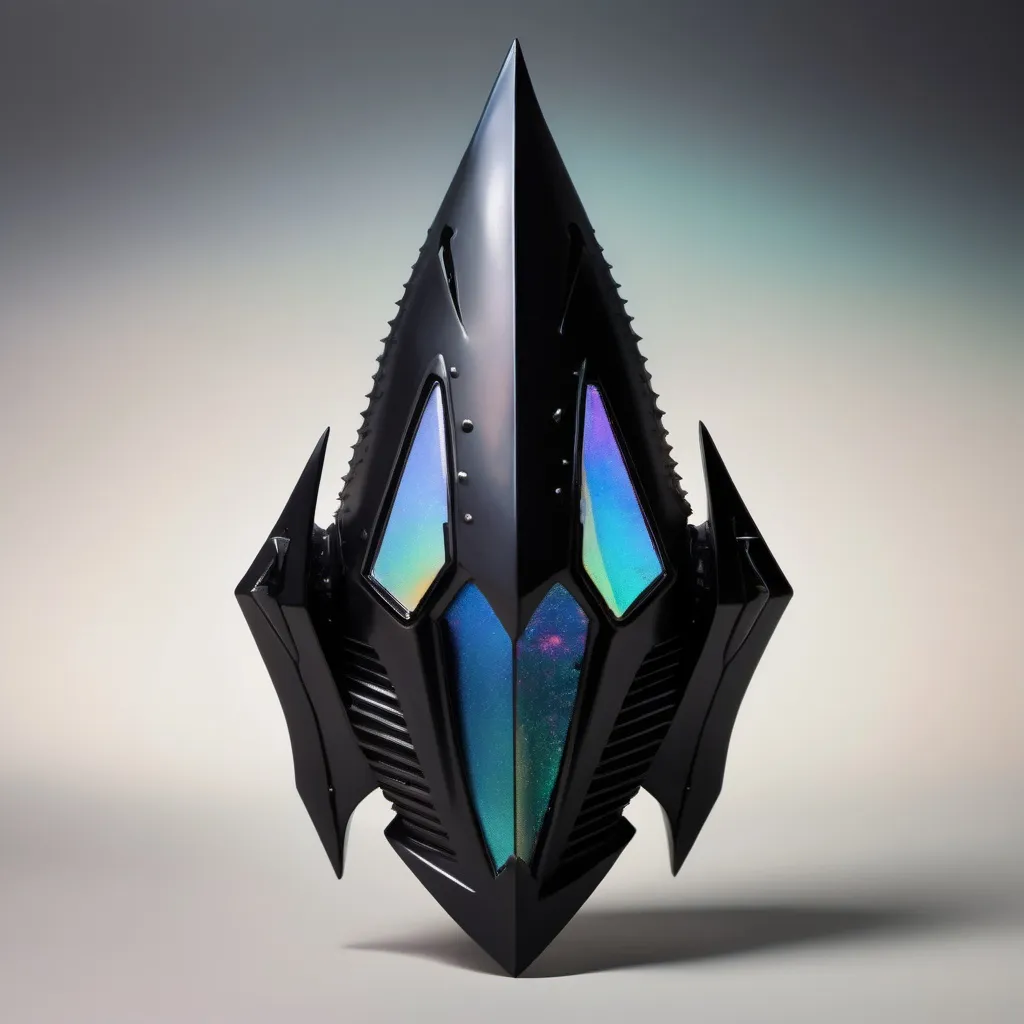 Prompt: organic arrow head shaped living bio-space ship, serrated edges, super destroyer, black iridescent ablative armor