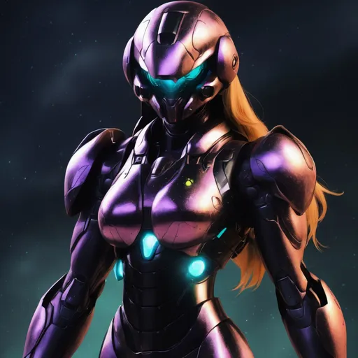 Prompt: organic living bio-armor with serrated edges, hunter killer super soldier a black iridescent ablative armor, [black star-field background], feminine, samus