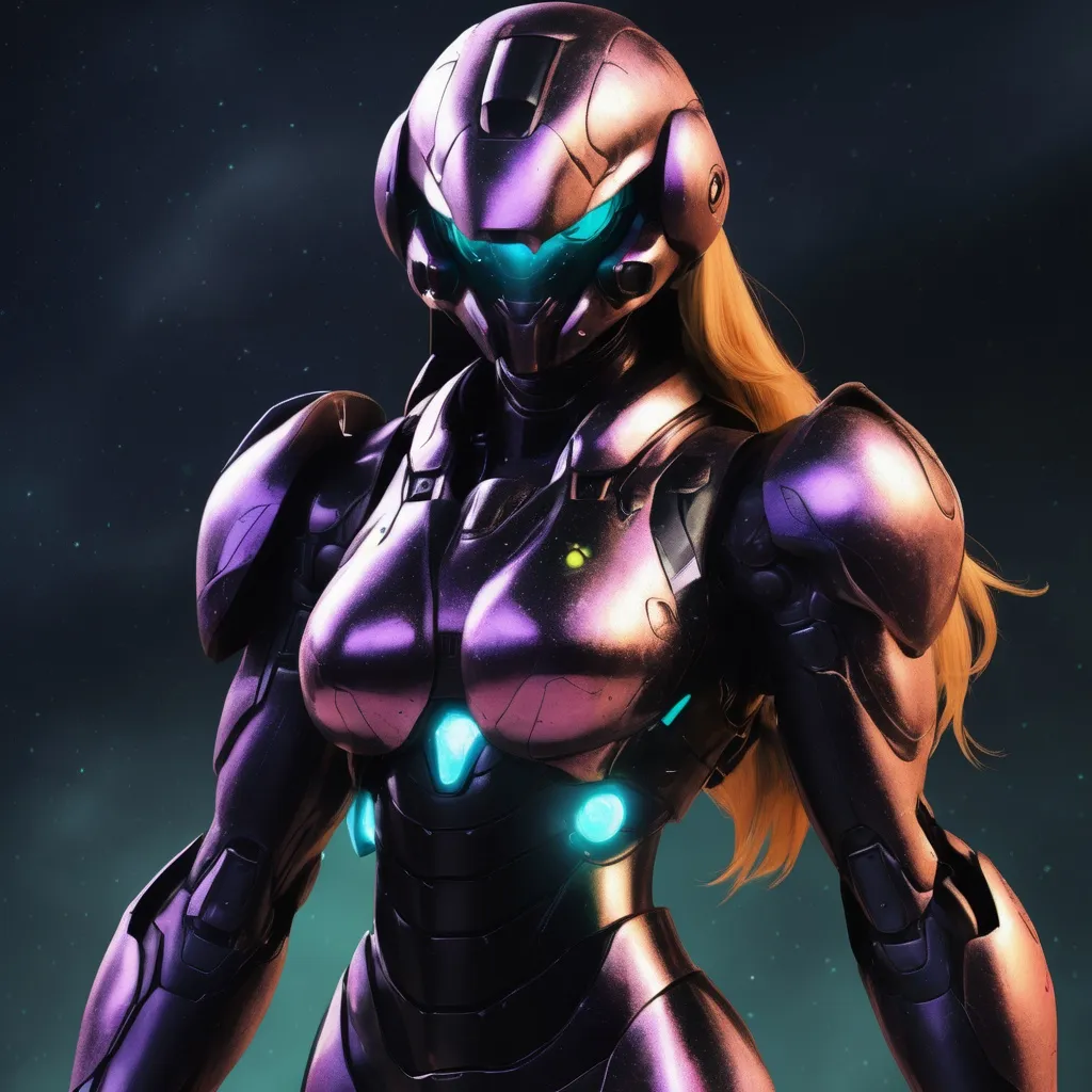 Prompt: organic living bio-armor with serrated edges, hunter killer super soldier a black iridescent ablative armor, [black star-field background], feminine, samus