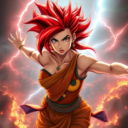 Prompt: Confident female super-Saiyan god with a sleek glowing-red long-layered haircut, and  striking brown eyes.  Flying in the air over a raging battle field. Powerful electric aura. hourglass figure. Perfect face. She has powerful athletic build. Her posture is strong and composed, exuding a sense of strength and self-assuredness.  She wears a blend of traditional attire like a sari, but with a modern twist that makes her appearance contemporary yet still mystical.