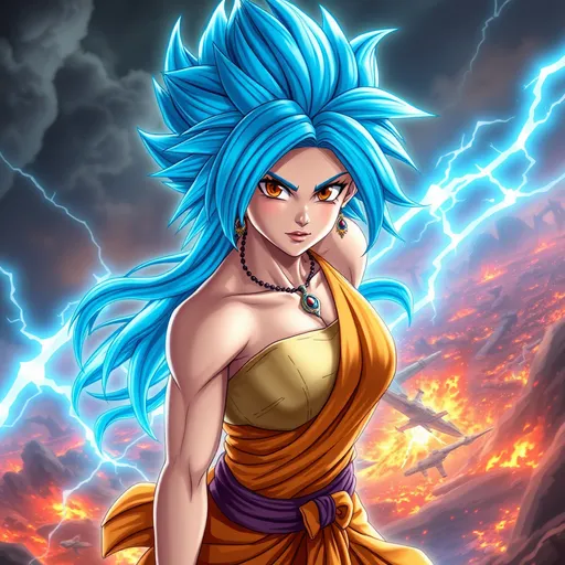 Prompt: Confident female super-Saiyan god with a sleek glowing-blue long-layered haircut, and  striking brown eyes.  Flying in the air over a raging battle field. Powerful electric aura. hourglass figure. Perfect face. She has powerful athletic build. Her posture is strong and composed, exuding a sense of strength and self-assuredness.  She wears a blend of traditional attire like a sari, but with a modern twist that makes her appearance contemporary yet still mystical.