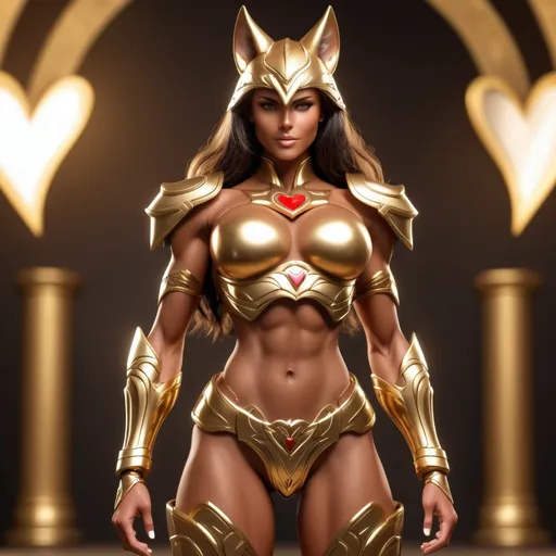 Prompt: jackal girl goddess with a heart shaped face, hour glass figure, perfect body, perfect face, athletic, tan skin, golden armor, muscle woman, realistic