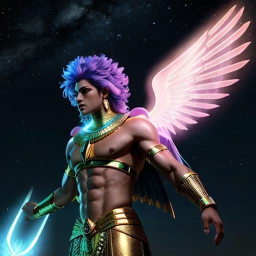 Prompt: Egyptian god of power, male, strong, powerful, glowing wings, glowing hair