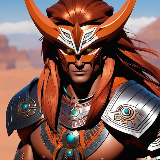 Prompt: male, {wide nasal bridge}, long bestial hair, {feral}, muscular, {orange skin}, {alien}, {large eyes}, noble warrior, perfect face, perfect body, (radiating energy),(wide angle), (epic) , (battle pose), (perfect eyes), (tan skin), {aztec}, {crimson hair}