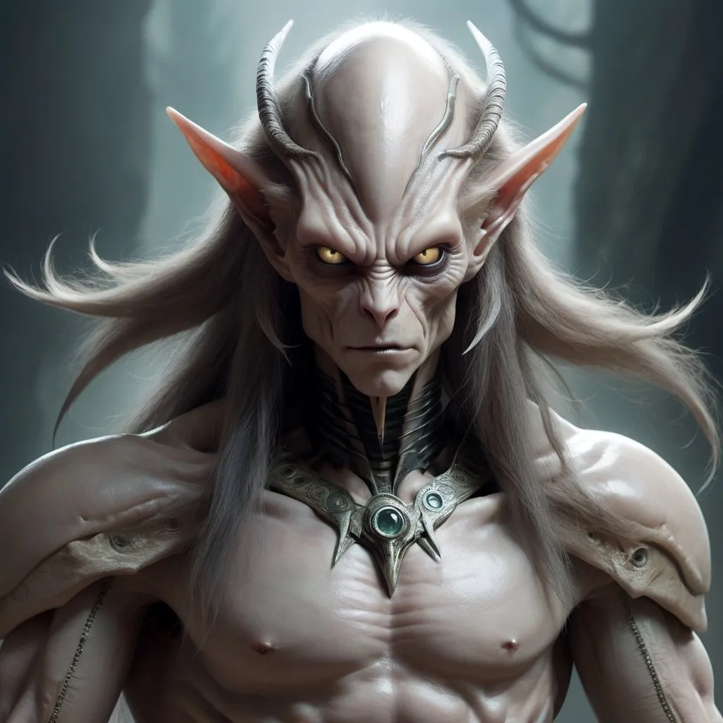 Prompt: humanoid, male, wide nasal bridge, long bestial hair, (feral), muscular, pale skin alien, large eyes, warrior