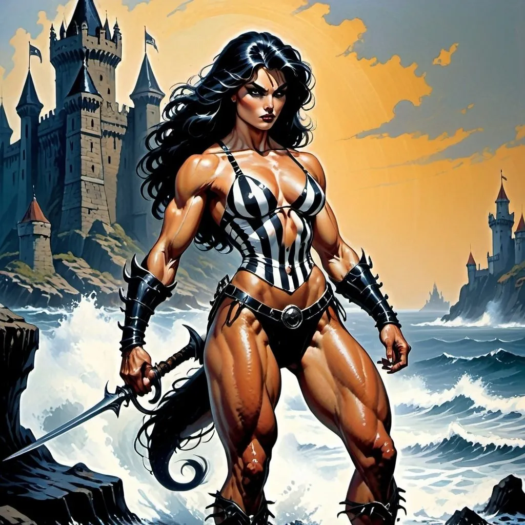 Prompt: primal huntress of the sea, muscular, perfect female figure with beast like features. Powerful legs. Long legs. Clawed hands. Black hair. White skin. Black stripes. Background: Gothic sea side castle. In the style Frank Frazetta.