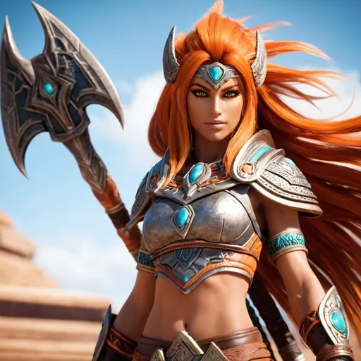 Prompt: female, {wide nasal bridge}, long bestial hair, {feral}, muscular, {orange skin}, {alien}, {large eyes}, warrior, perfect face, perfect body, (radiating energy),(wide angle), (epic) , (battle pose), (perfect eyes), (tan skin), {aztec}, {orange hair}