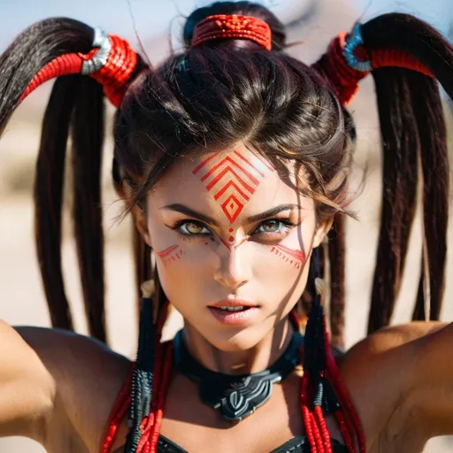 Prompt: female, {wide nasal bridge}, long bestial hair, {feral}, muscular, {red skin}, {alien}, {large eyes}, warrior, perfect face, perfect body, (radiating energy),(wide angle), (epic) , (battle pose), (perfect eyes), (tan skin), {aztec}