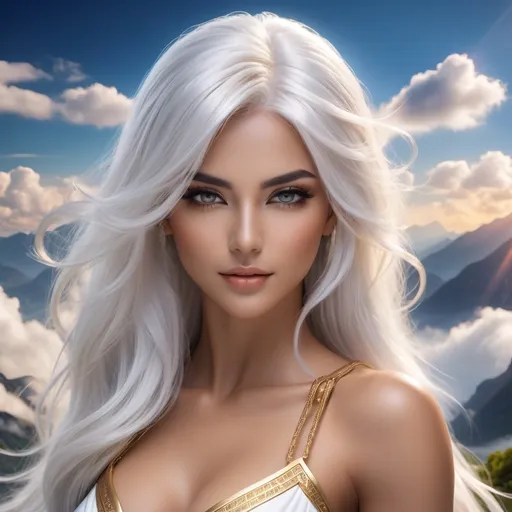 Prompt: female goddess, white hair, perfect body, muscle woman, perfect face, large eyes, tan skin, photo realistic, wide view, tall, symmetric, striking appearance 