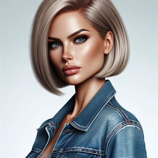 Prompt: confident woman with a sleek blonde bob haircut, striking blue eyes, and a large forehead. She has sharp, angular facial features, narrow jaw, and is wearing a stylish denim jacket and blue jeans. Her posture is strong and composed, exuding a sense of strength and self-assuredness