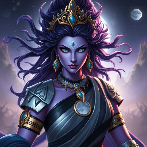 Prompt: Generate an realistic image of a fierce and powerful female royal character with lilac skin, inspired by the Hindu goddess themes. Deva. She has wild dark-purple hair,  and piercing sapphire blue eyes that radiate strength and wisdom. She is dressed in silver, black, and blue robes with a moon motif, ensure that her features also reflect modern beauty standards—symmetrical heart shaped face, full lips, narrow brows, long lashes, and narrow defined jaw. She wears a blend of traditional attire like a sari, but with a modern twist that makes her appearance contemporary yet still mystical. Her pose is dynamic, showing strength and grace, with a backdrop of a cosmic battlefield, symbolizing her warrior nature, but incorporating soft elements like moonlight that add a touch of beauty and divinity.