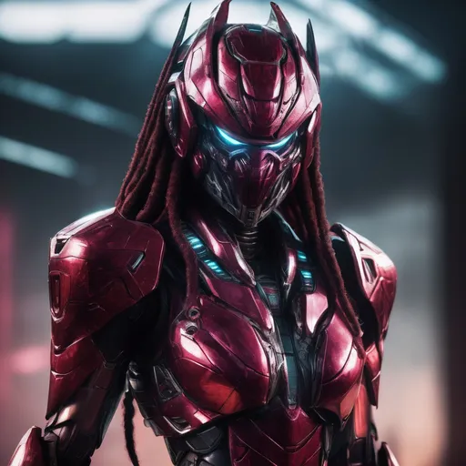 Prompt: Portrait (((symmetrical)) of an organic  living bio-armor with serrated edges, hunter killer super soldier in a crimson iridescent ablative armor, [star-field background], feminine, power suit, predator, (metallic dreadlocks), (wide view), epic, (((cinematic))), panned out view, zoomed out
