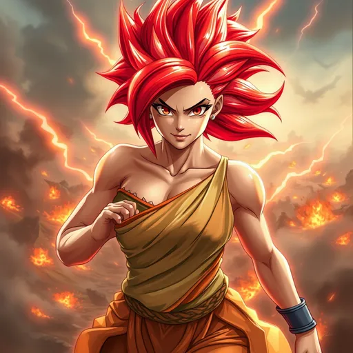 Prompt: Confident female super-Saiyan god with a sleek glowing-red long-layered haircut, and  striking brown eyes.  Flying in the air over a raging battle field. Powerful electric aura. hourglass figure. Perfect face. She has powerful athletic build. Her posture is strong and composed, exuding a sense of strength and self-assuredness.  She wears a blend of traditional attire like a sari, but with a modern twist that makes her appearance contemporary yet still mystical.