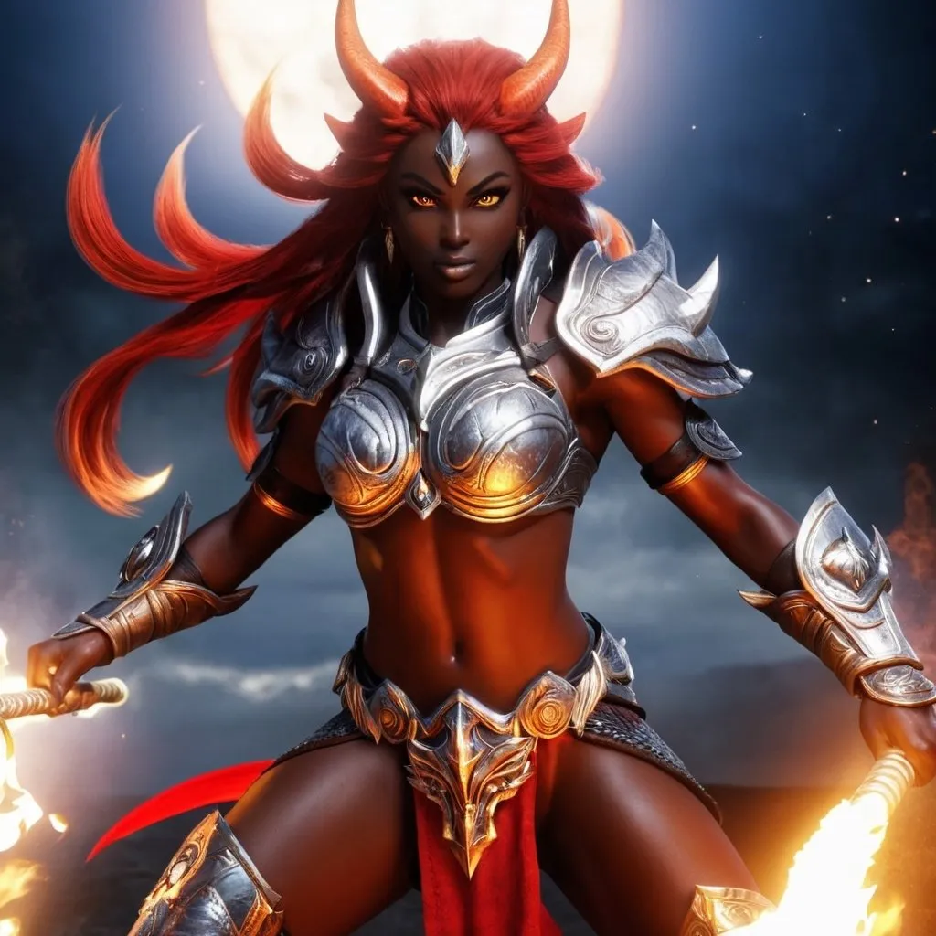 Prompt: female, {wide nasal bridge}, long bestial hair, {feral}, muscular, {red skin}, {alien}, {large eyes}, warrior, perfect face, perfect body, (radiating energy), (blazing), (fire deity), (wide angle), (epic) , (battle pose), (perfect eyes), (dark skin)