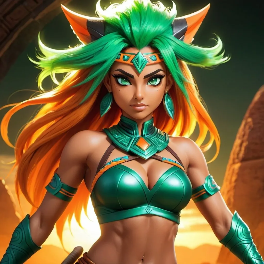 Prompt: female, {wide nasal bridge}, long bestial hair, {feral}, muscular, {orange skin}, {alien}, {large eyes}, warrior, perfect face, perfect body, (radiating energy),(wide angle), (epic) , (battle pose), (perfect eyes), (tan skin), {aztec}, {green hair}