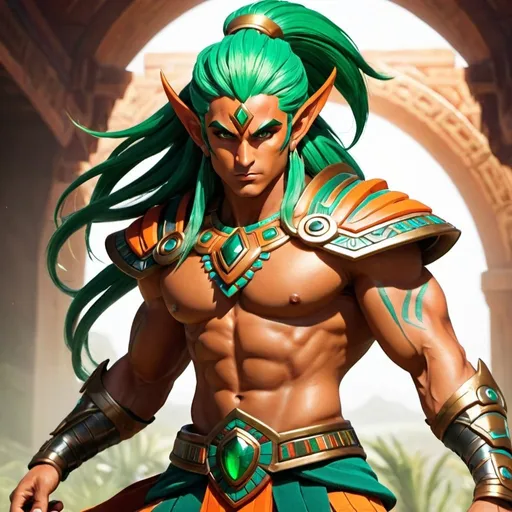 Prompt: male, {wide nasal bridge}, long bestial hair, {feral}, muscular, {orange skin}, {alien}, {large eyes}, noble warrior, perfect face, perfect body, (radiating energy),(wide angle), (epic) , (battle pose), (perfect eyes), (tan skin), {aztec}, {green hair}