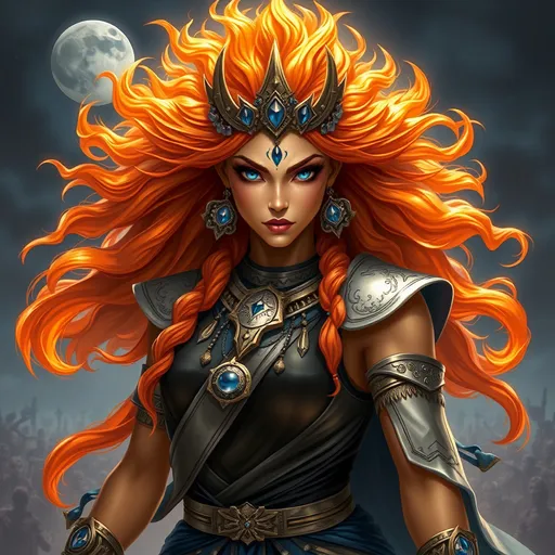 Prompt: Generate an realistic image of a fierce and powerful female royal character with golden skin, inspired by the Hindu goddess themes. Deva. She has wild glowing flaming sunset colored  hair,  and piercing sapphire blue eyes that radiate strength and wisdom. She is dressed in silver, black, and blue robes with a moon motif, ensure that her features also reflect modern beauty standards—symmetrical heart shaped face, full lips, narrow brows, long lashes, and narrow defined jaw. She wears a blend of traditional attire like a sari, but with a modern twist that makes her appearance contemporary yet still mystical. Her pose is dynamic, showing strength and grace, with a backdrop of a cosmic battlefield, symbolizing her warrior nature, but incorporating soft elements like moonlight that add a touch of beauty and divinity.