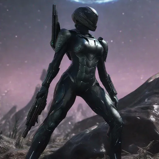 Prompt: organic living bio-armor with serrated edges, hunter killer super soldier a black iridescent ablative armor, [black star-field background], feminine, power suit 