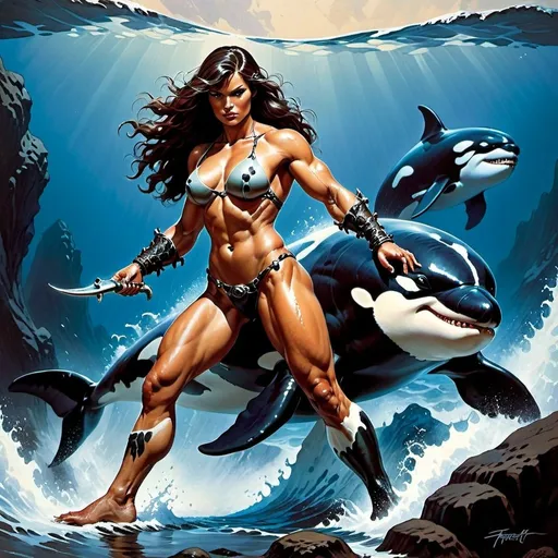 Prompt: primal huntress of the sea, muscular, perfect female figure with orca like features. Powerful legs. Clawed hands. Realistic. In the style Frank Frazetta. 