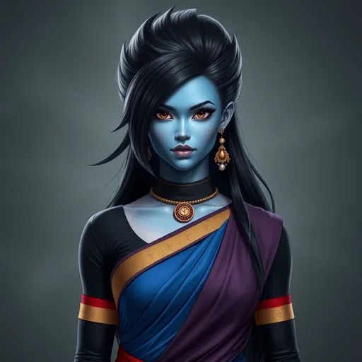 Prompt: Confident female super Saiyan blue with a sleek black long-layered haircut, and  striking brown eyes.  hourglass figure. Perfect face. She has powerful athletic build. His posture is strong and composed, exuding a sense of strength and self-assuredness.  She wears a blend of traditional attire like a sari, but with a modern twist that makes her appearance contemporary yet still mystical.