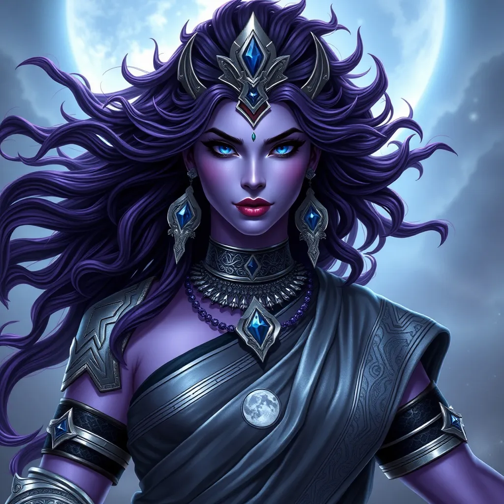 Prompt: Generate an realistic image of a fierce and powerful female royal character with lilac skin, inspired by the Hindu goddess themes. Deva. She has wild dark-purple hair,  and piercing sapphire blue eyes that radiate strength and wisdom. She is dressed in silver, black, and blue robes with a moon motif, ensure that her features also reflect modern beauty standards—symmetrical heart shaped face, full lips, narrow brows, long lashes, and narrow defined jaw. She wears a blend of traditional attire like a sari, but with a modern twist that makes her appearance contemporary yet still mystical. Her pose is dynamic, showing strength and grace, with a backdrop of a cosmic battlefield, symbolizing her warrior nature, but incorporating soft elements like moonlight that add a touch of beauty and divinity.