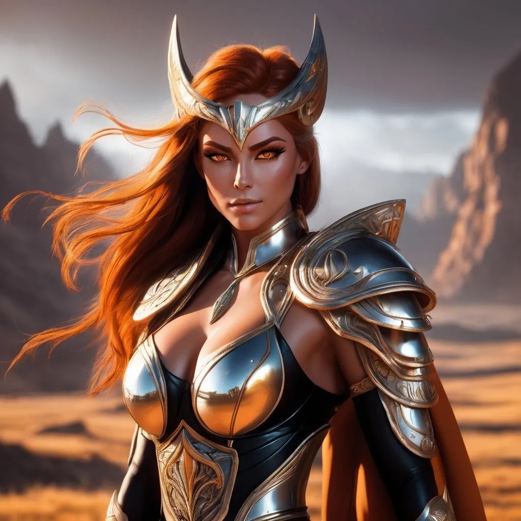 Prompt: female, {wide nasal bridge}, long bestial hair, {feral}, muscular, {orange skin}, {alien}, {large eyes}, noble warrior, perfect face, perfect body, (radiating energy),(wide angle), (epic) , (battle pose), (perfect eyes), (tan skin), {Nordic}, {purpole hair}