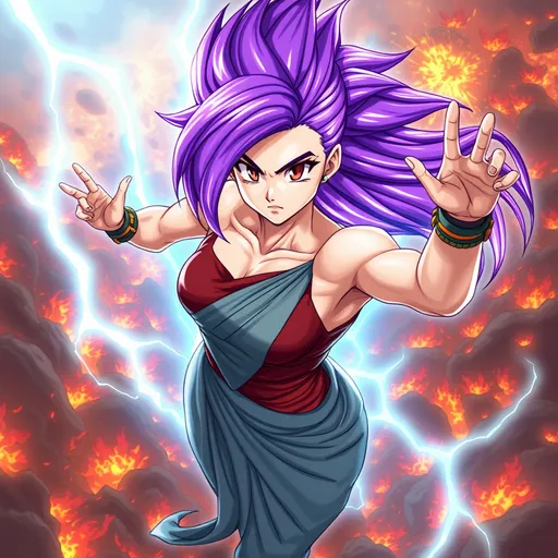 Prompt: Confident female super-Saiyan god with a sleek glowing-violet long-layered haircut, and  striking brown eyes.  Flying in the air over a raging battle field. Powerful electric aura. hourglass figure. Perfect face. She has powerful athletic build. Her posture is strong and composed, exuding a sense of strength and self-assuredness.  She wears a blend of traditional attire like a sari, but with a modern twist that makes her appearance contemporary yet still mystical.