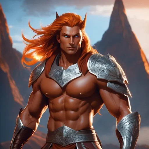 Prompt: male, {wide nasal bridge}, long bestial hair, {feral}, muscular, {orange skin}, {alien}, {large eyes}, noble warrior, perfect face, perfect body, (radiating energy),(wide angle), (epic) , (battle pose), (perfect eyes), (tan skin), {nordic}, {crimson hair}