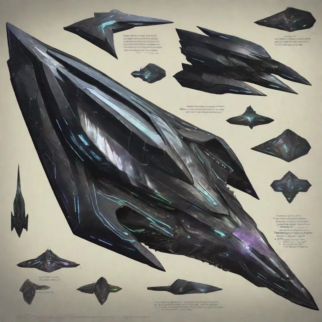 Prompt: organic arrow head shaped living bio-space ship, serrated edges, hunter killer ship, black iridescent ablative armor