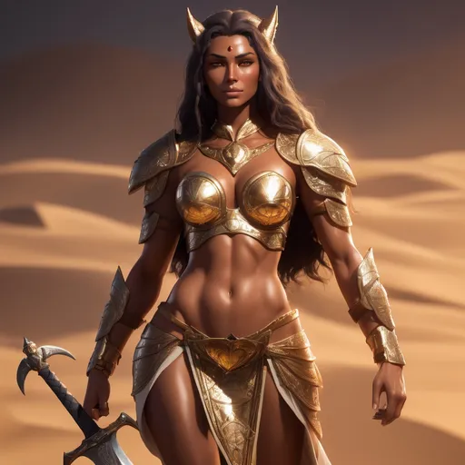 Prompt: jackal girl goddess with a heart shape face carrying a sword, hour glass figure, perfect body, perfect face, athletic, tan skin, golden armor, muscle woman, realistic