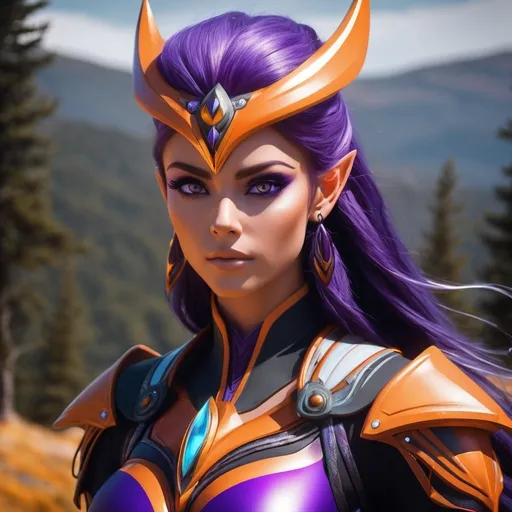 Prompt: female, {wide nasal bridge}, long bestial hair, {feral}, muscular, {orange skin}, {alien}, {large eyes}, noble warrior, perfect face, perfect body, (radiating energy),(wide angle), (epic) , (battle pose), (perfect eyes), (tan skin), {Nordic}, {purple hair}