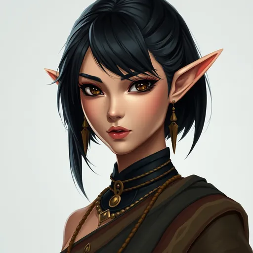 Prompt: Confident female elf with a sleek black long-layered haircut, and  striking brown eyes.  hourglass figure. Perfect face. She has powerful athletic build. His posture is strong and composed, exuding a sense of strength and self-assuredness.  She wears a blend of traditional attire like a sari, but with a modern twist that makes her appearance contemporary yet still mystical.