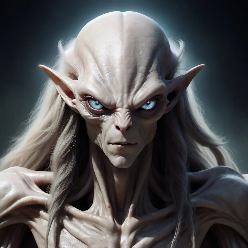 Prompt: humanoid, male, wide nasal bridge, long bestial hair, (feral), muscular, pale skin alien, large eyes