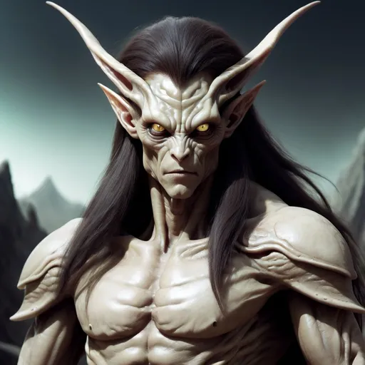 Prompt: humanoid, male, wide nasal bridge, long bestial hair, (feral), muscular, pale skin alien, large eyes, warrior