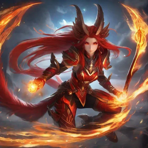 Prompt: female, {wide nasal bridge}, long bestial hair, {feral}, muscular, {red skin}, {alien}, {large eyes}, warrior, perfect face, perfect body, (radiating energy), (blazing), (fire deity), (wide angle), (epic) , (battle pose), (perfect eyes), (red skin)