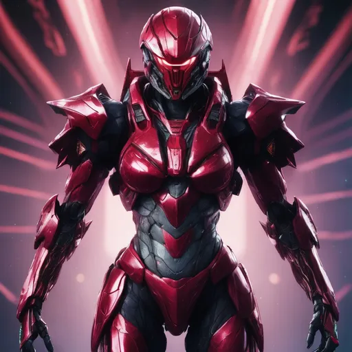 Prompt: Portrait (((symmetrical)) of an organic  living bio-armor with serrated edges, hunter killer super soldier in a crimson iridescent ablative armor, [star-field background], feminine, power suit, predator, cable like hair, (wide view), epic, cinematic, panned out view, zoomed out
